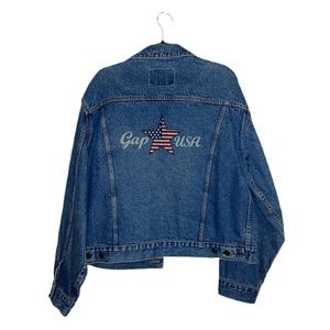 Vintage Gap Blue Denim Jacket Medium Wash Unisex Size XL American Flag USA Star